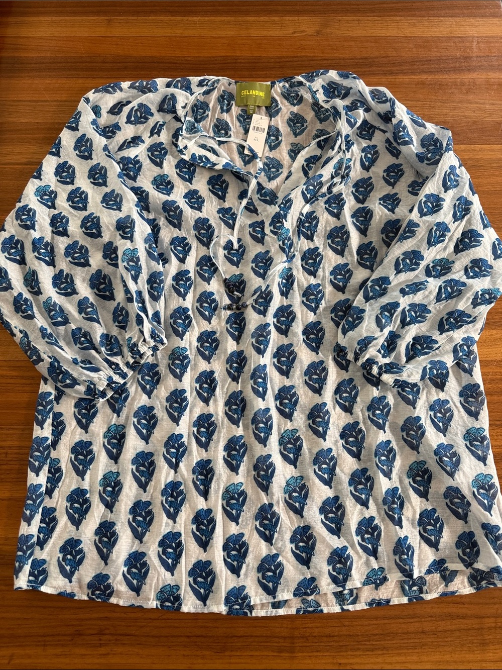 NWT Anthropologie Celandine Long-Sleeve Mini Kaftan Coverup White blue one size
